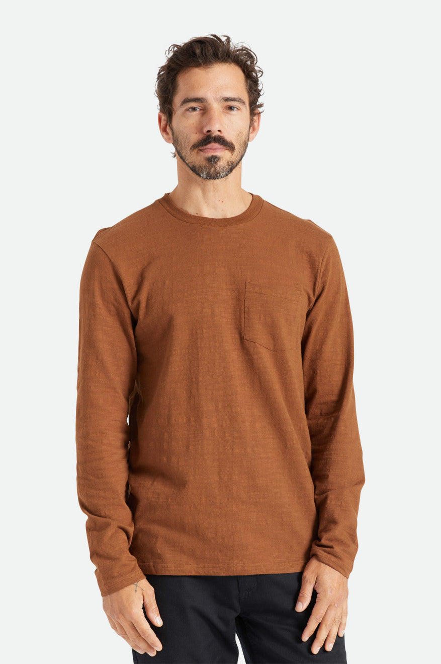 Men's Brixton Basic Slub L/S Pocket Tops Brown | 6097KQGDU