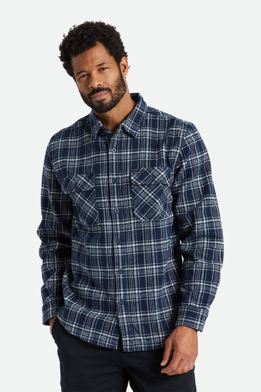 Men's Brixton Bowery Heavy Weight L/S Flannels Navy / Grey | 4692TRHFJ