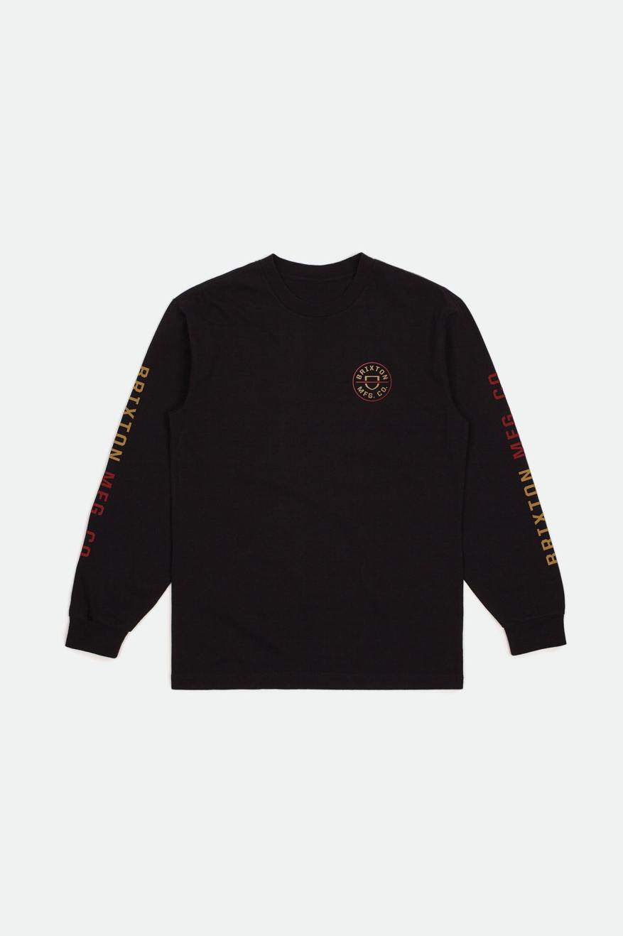 Men's Brixton Crest L/S Standard Tops Black / Red / Light Gold | 4182FXWEJ