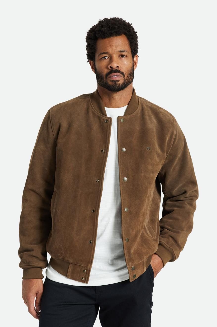 Men's Brixton Dillinger Reserve Suede Bomber Jackets Brown | 0839ZKRJV