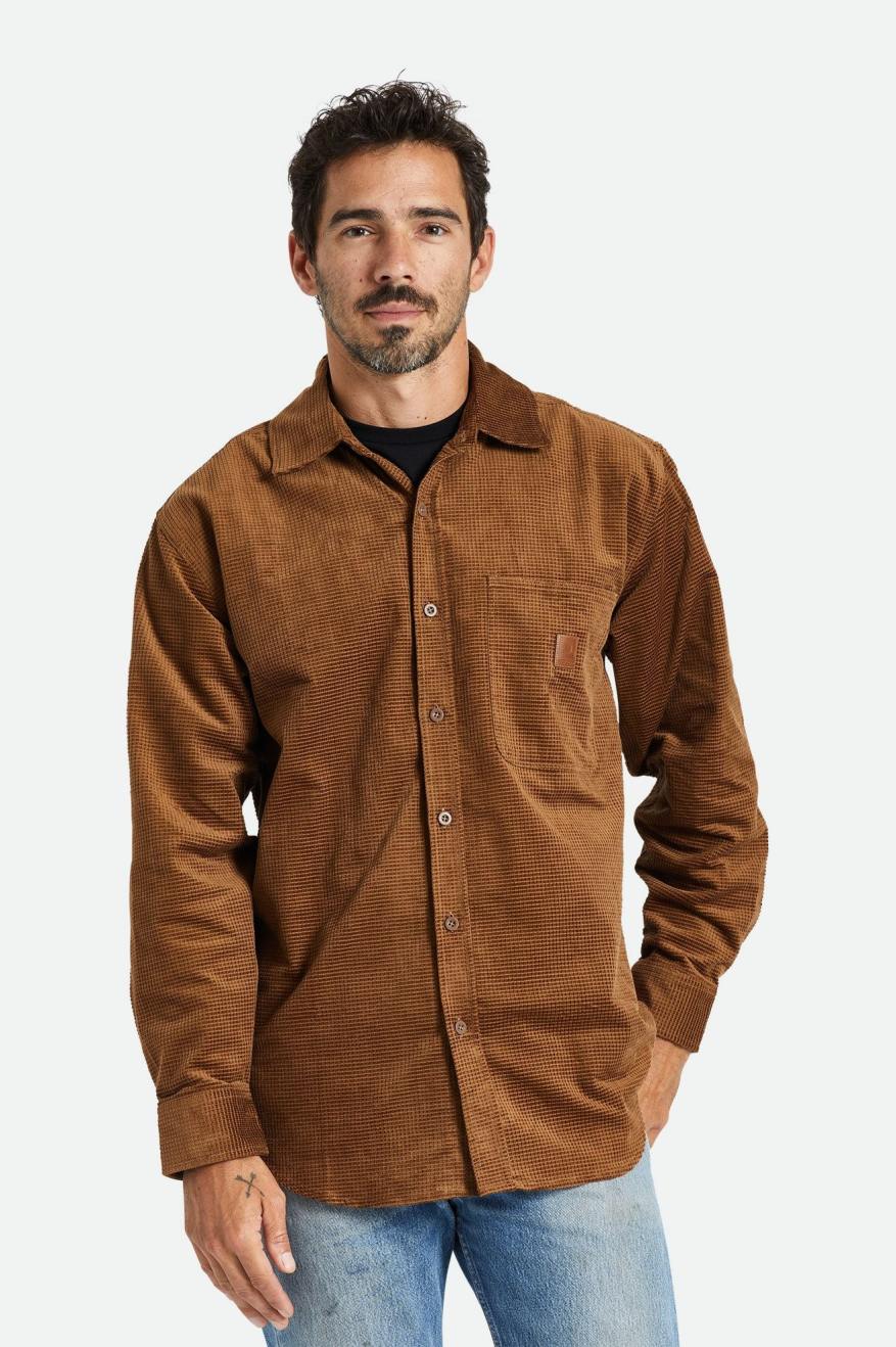 Men's Brixton Porter L/S Waffle Corduroy Wovens Brown | 7052FPNHI