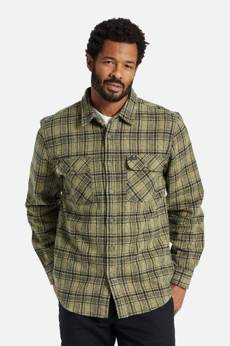 Men\'s Brixton Bowery Heavy Weight L/S Flannels Olive / Black | 6230CFVXA