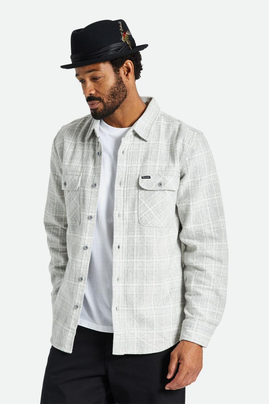 Men\'s Brixton Bowery Heavy Weight L/S Flannels Grey / White | 7820TAUZR