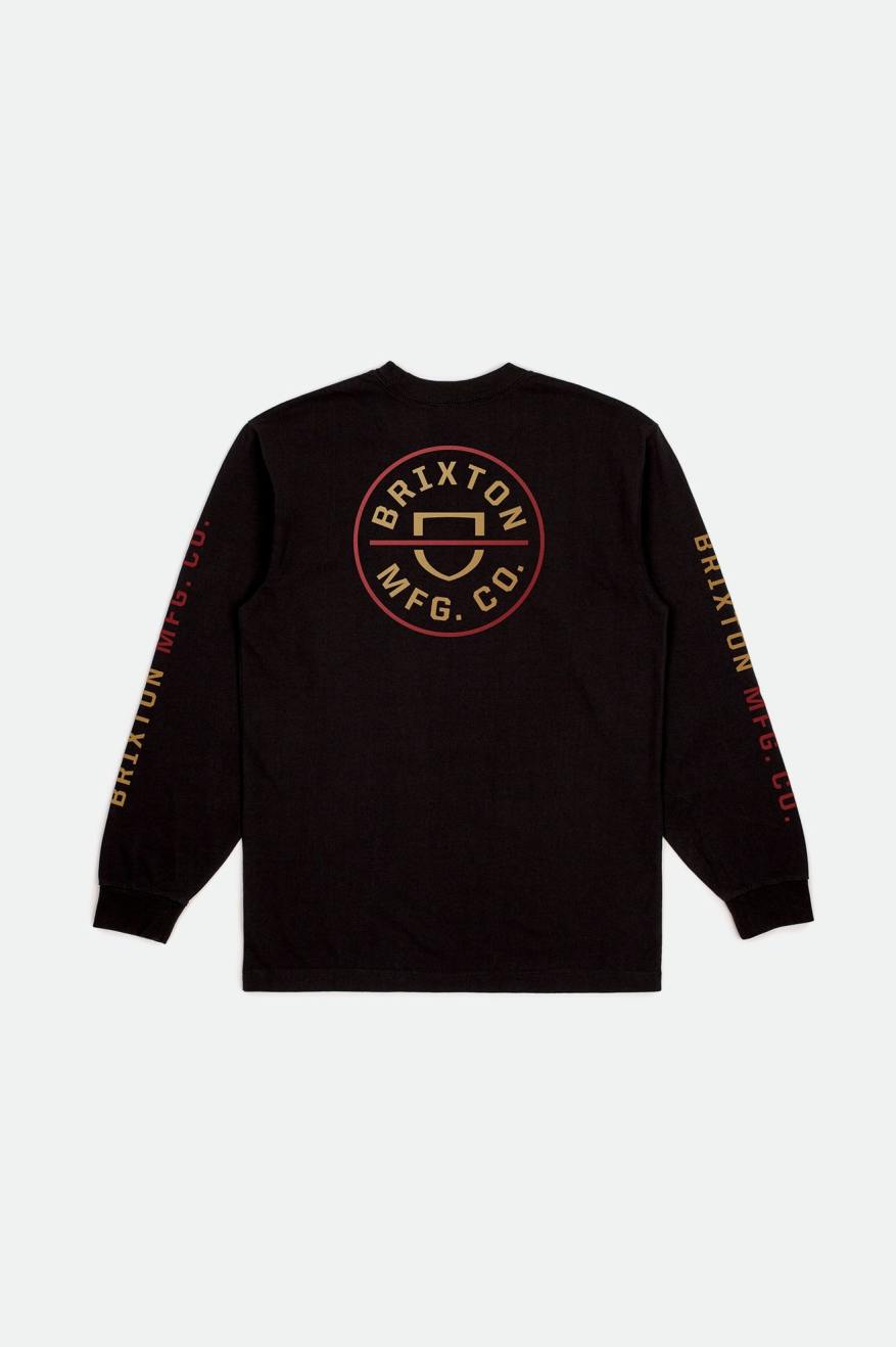 Men's Brixton Crest L/S Standard Tops Black / Red / Light Gold | 4182FXWEJ