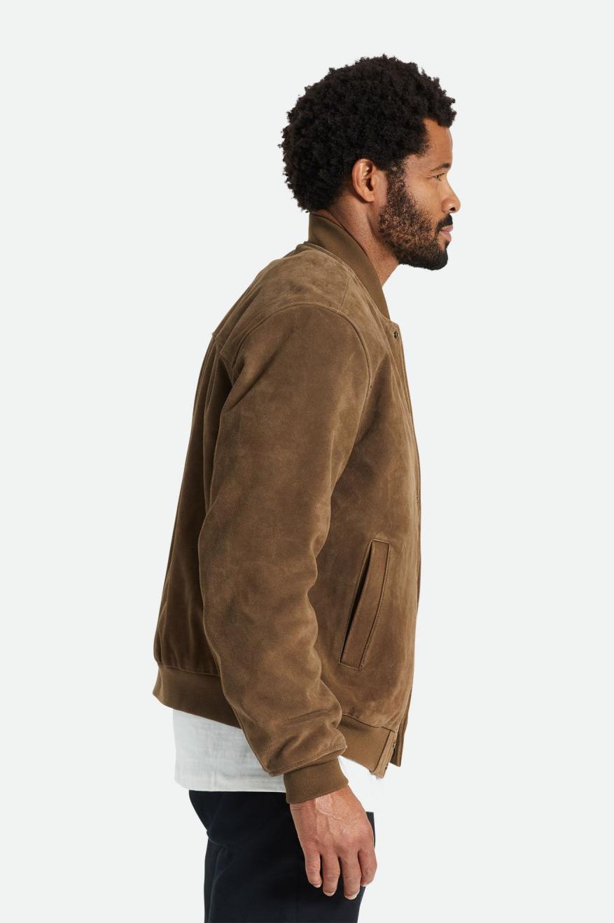 Men's Brixton Dillinger Reserve Suede Bomber Jackets Brown | 0839ZKRJV