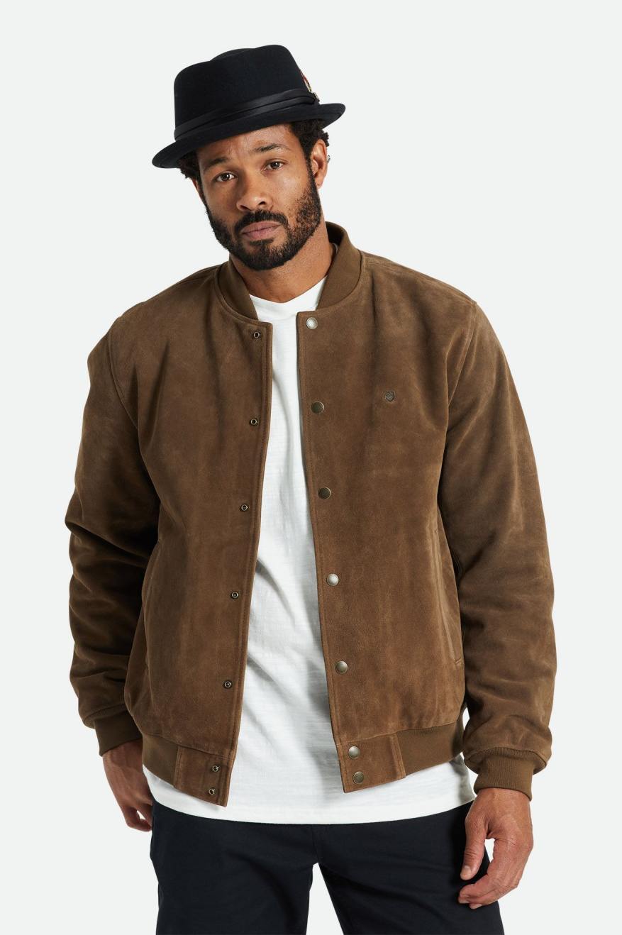 Men's Brixton Dillinger Reserve Suede Bomber Jackets Brown | 0839ZKRJV