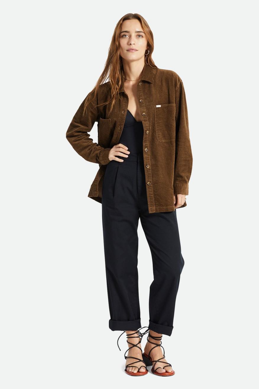 Women's Brixton Dundee Corduroy Overshirt Tops Brown | 1703NFGTW