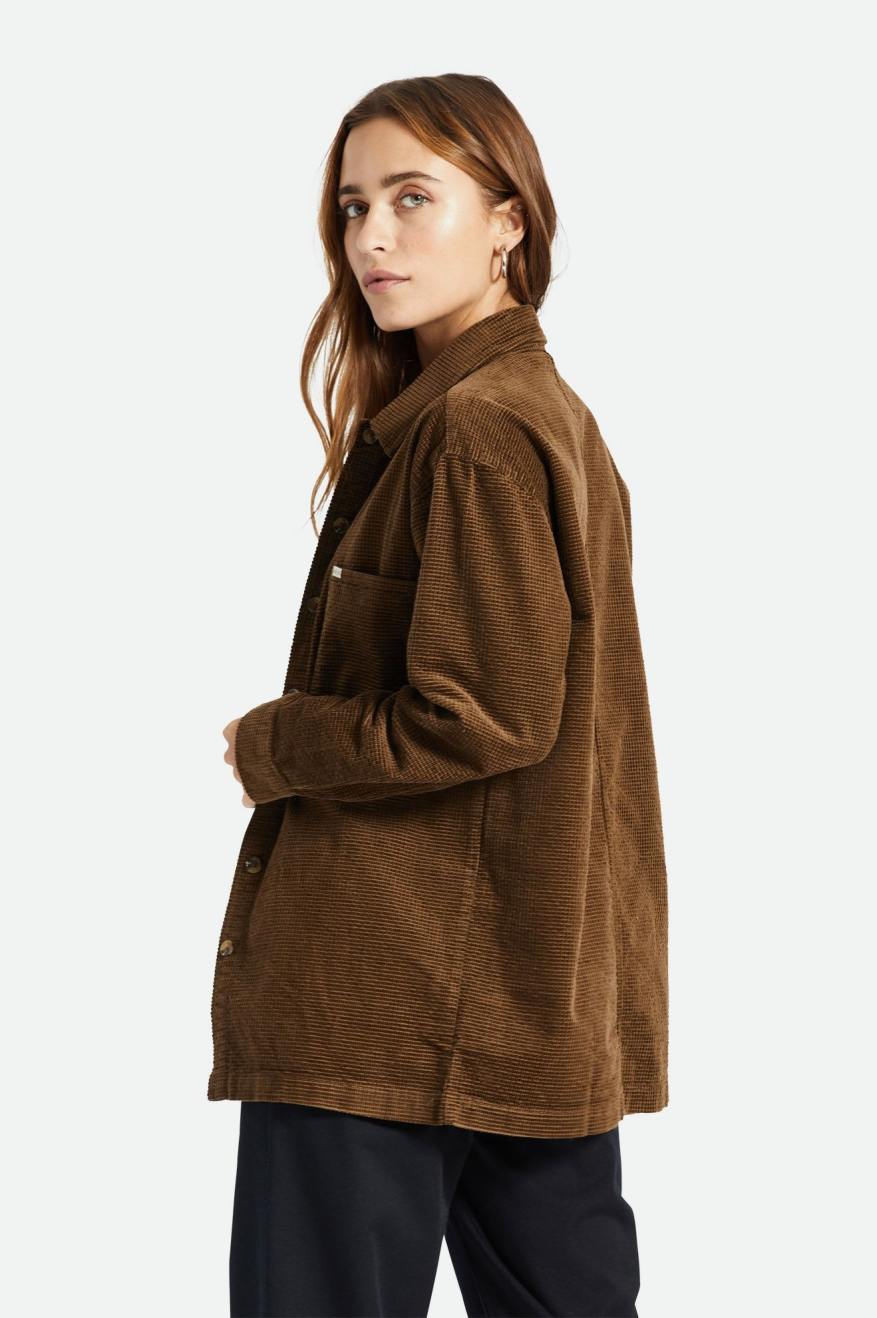 Women's Brixton Dundee Corduroy Overshirt Tops Brown | 1703NFGTW